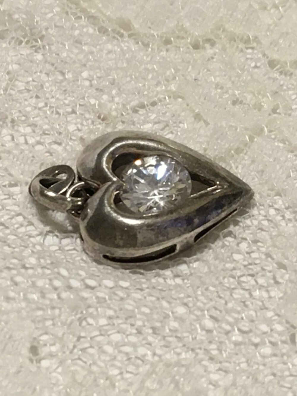 Vintage Sterling Silver Heart Charm Pendant Clear Faceted Stone - Picture 2 of 8